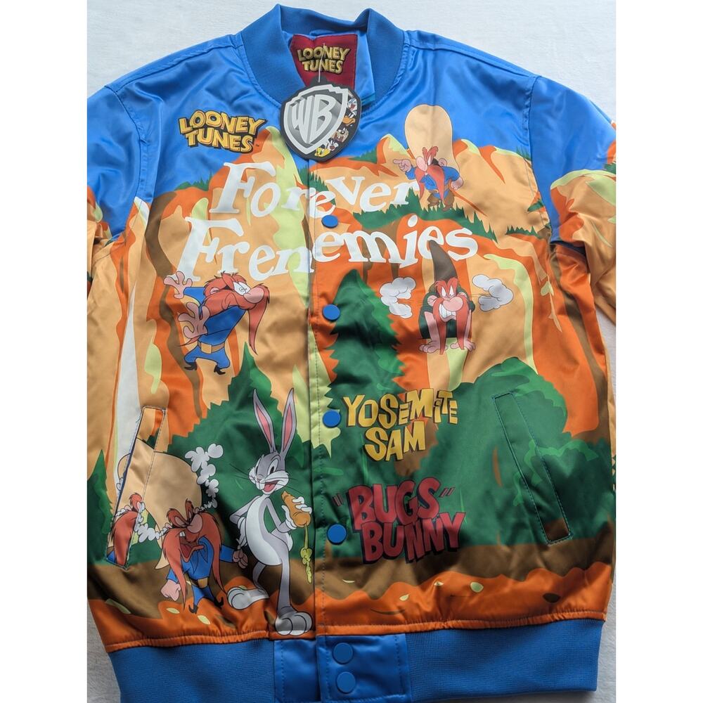Looney Tunes Mens Size XL Bugs Bunny/Yosemite Sam Graphic Satin Snap Jacket - Picture 2 of 6